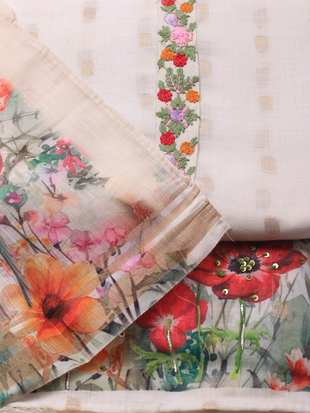 Patch Neck Linen Unstitched Suit Piece With Dupatta