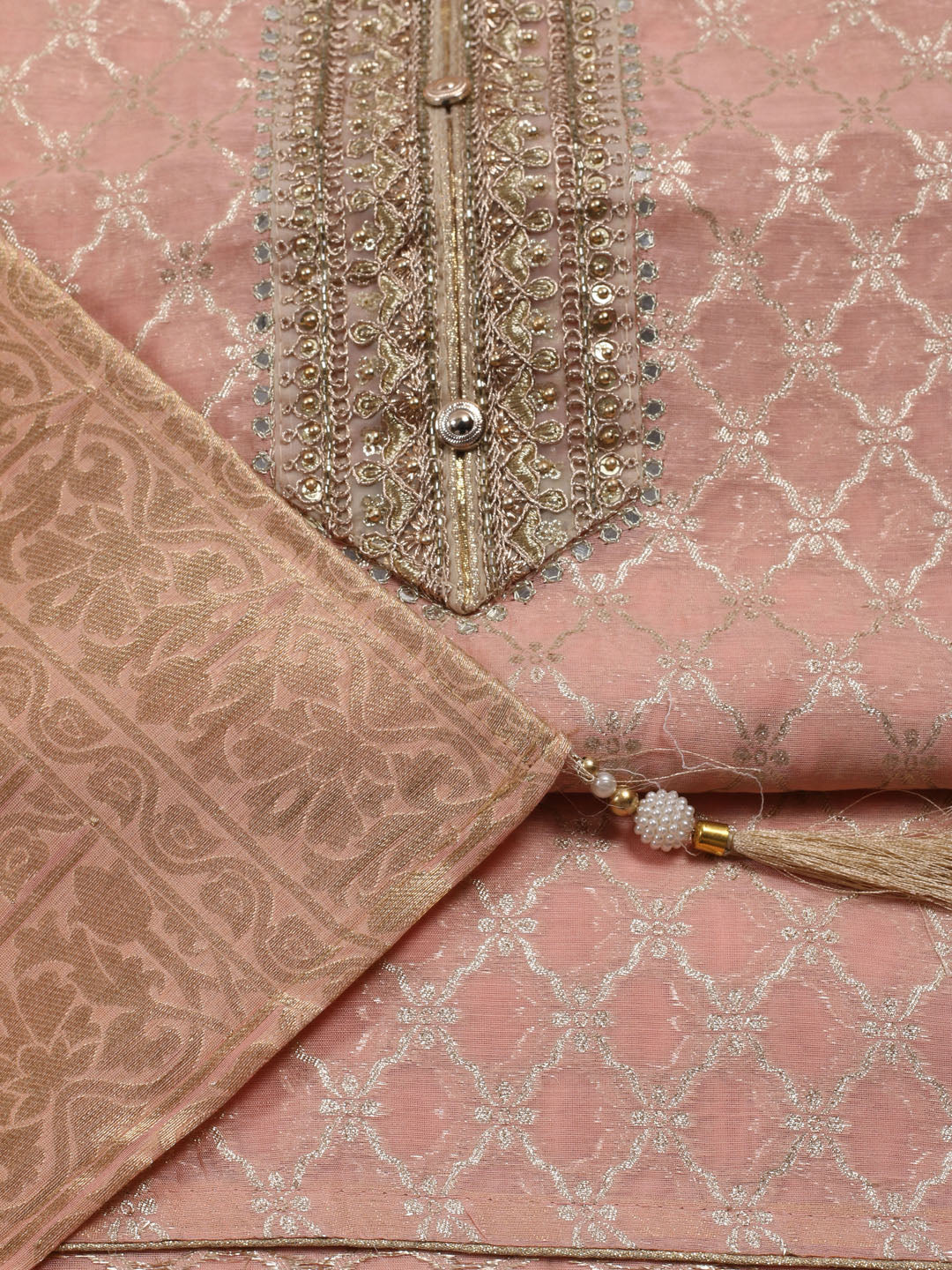 Neck Patti Printed Chanderi Unstitched Suit With Dupatta