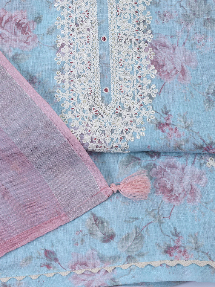Floral Printed Linen Unstitched Suit With Dupatta
