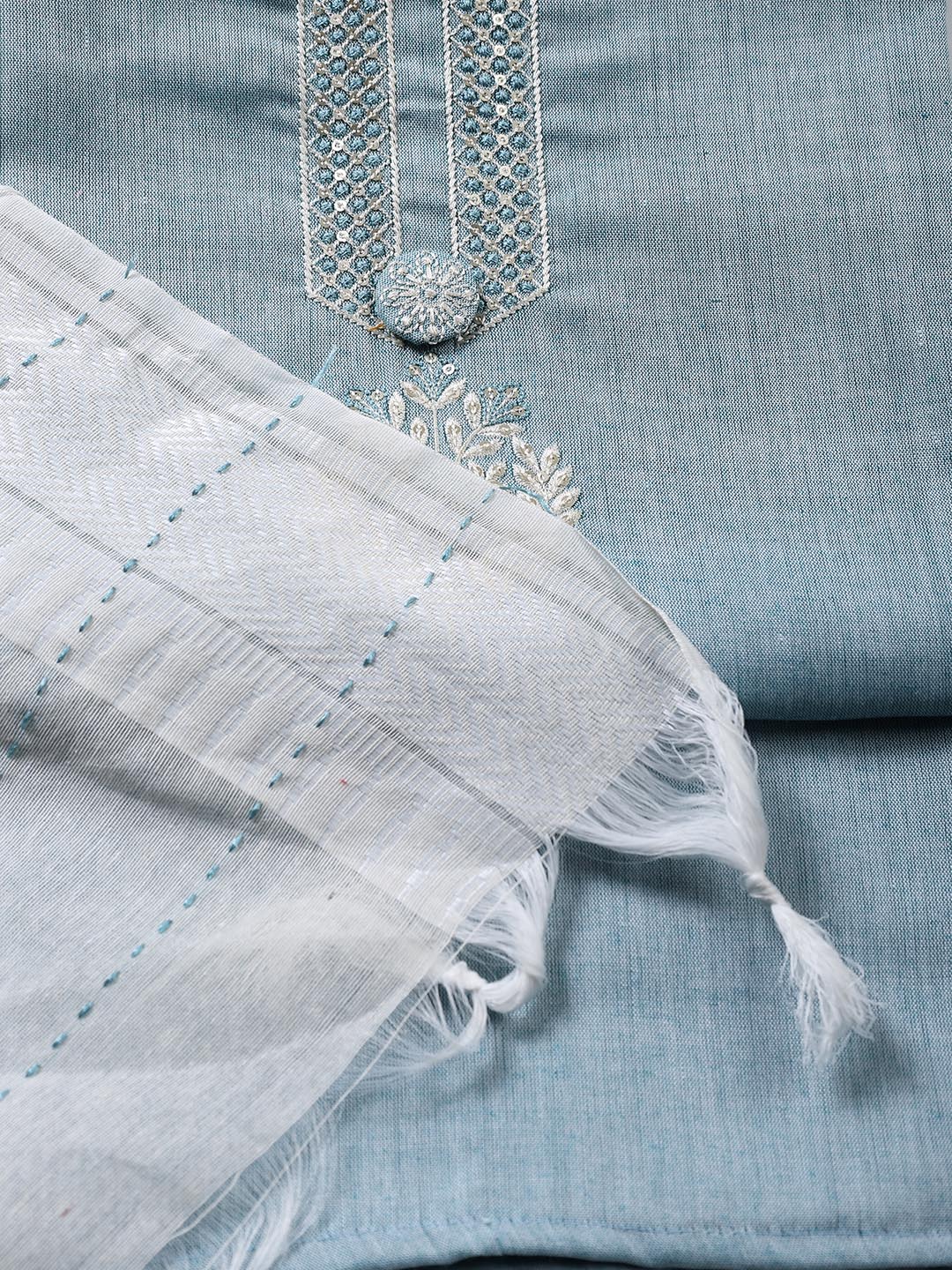 Neck Embroidered Cotton Blend Unstitched Suit Piece With Dupatta
