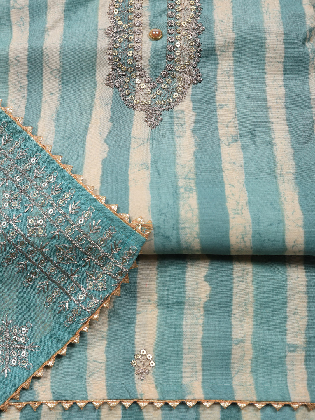 Embroidered Chanderi Unstitched Suit With Pant &amp; Dupatta