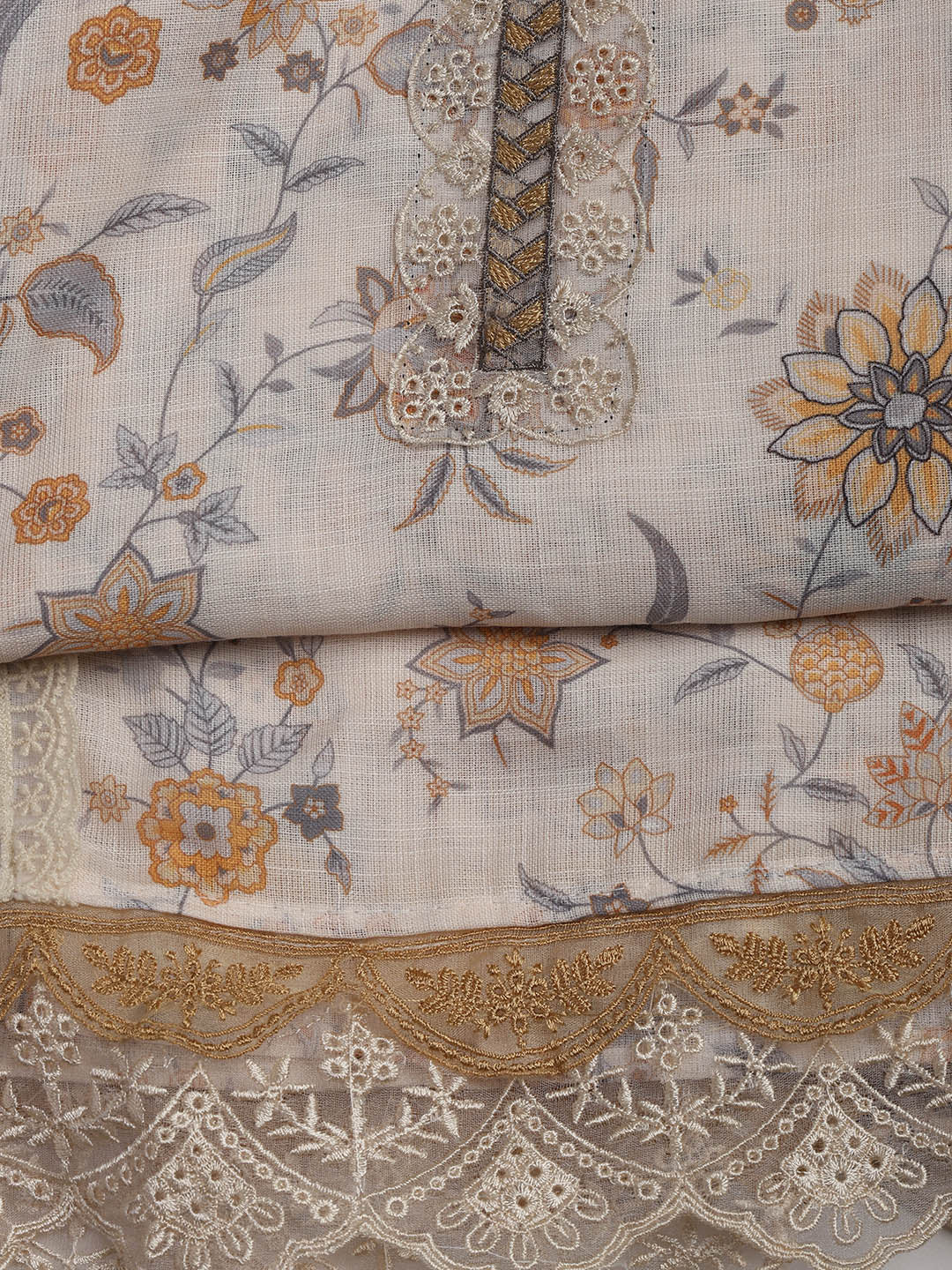 Patch Neck Linen Unstitched Suit Piece With Dupatta