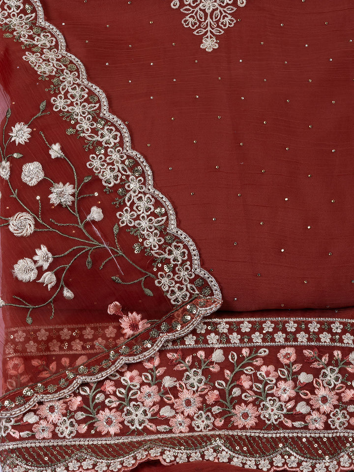 Neck Embroidered Organza Unstitched Suit With Dupatta