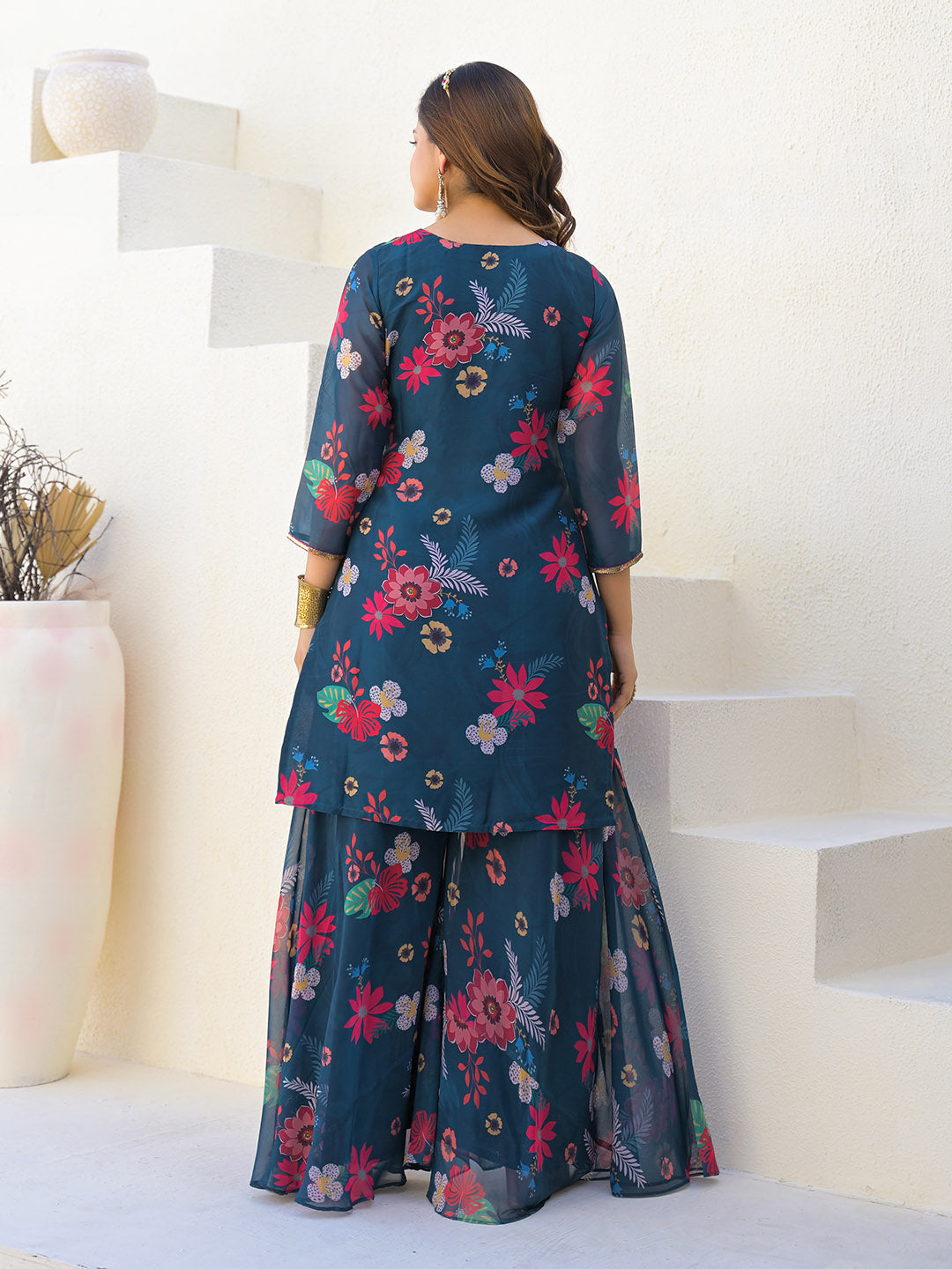 Neck Embroidered Georgette Kurta With Sharara And Dupatta