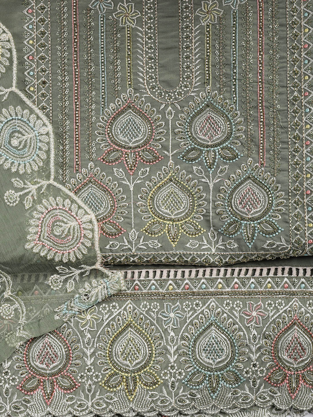 Embroidered Chanderi Unstitched Suit Piece With Dupatta