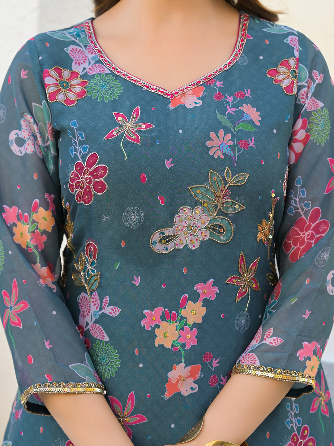 Neck Embroidered Georgette Kurta With Sharara And Dupatta