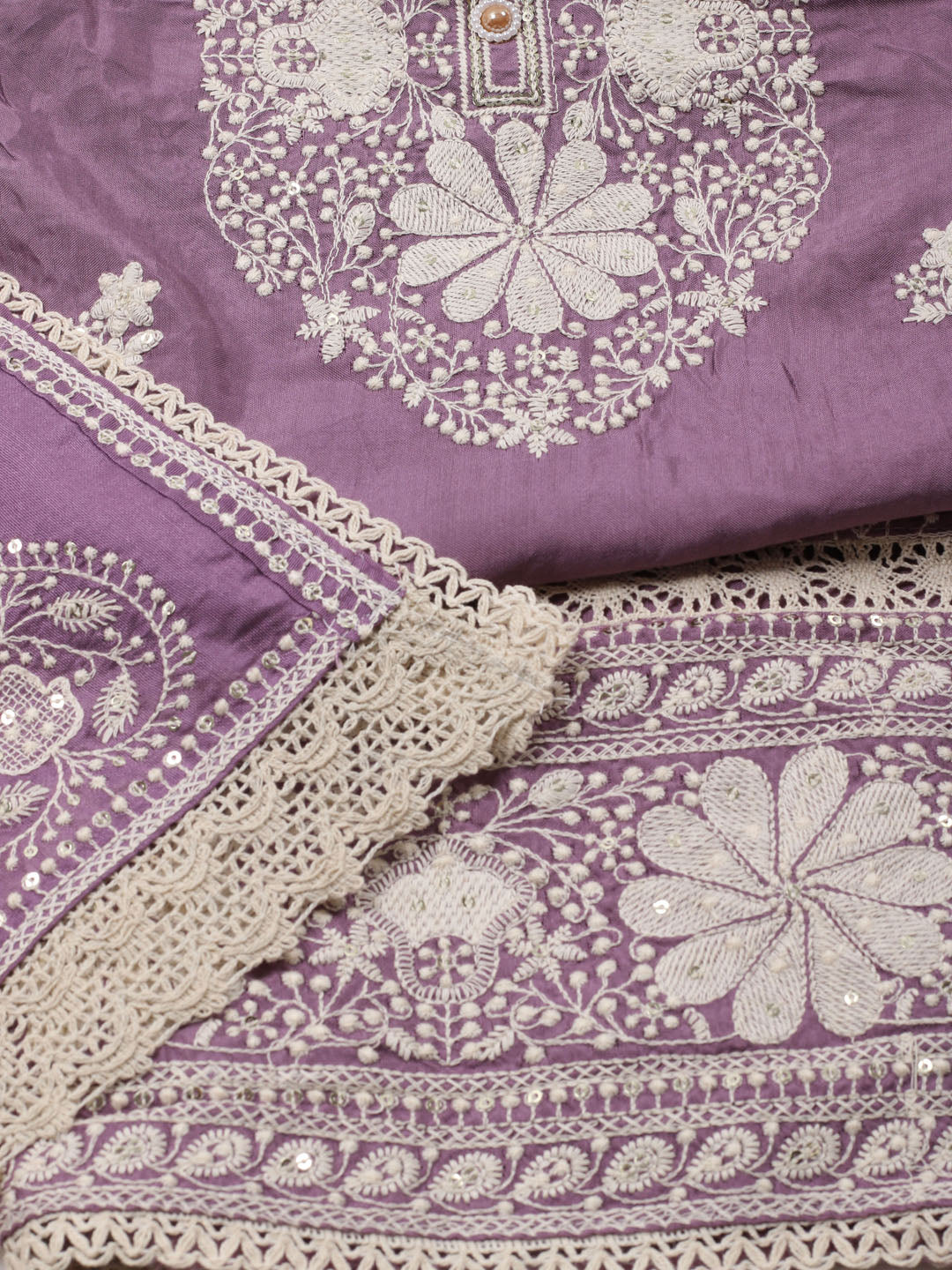 Thread Embroidery Cotton Blend Unstitched Suit With Dupatta