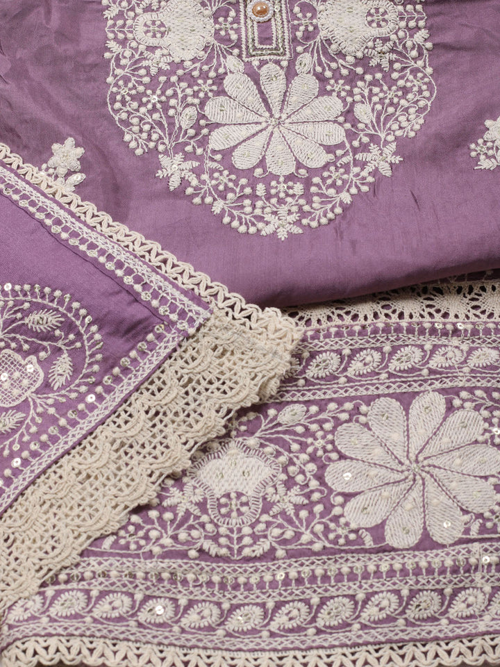 Thread Embroidery Cotton Blend Unstitched Suit With Dupatta