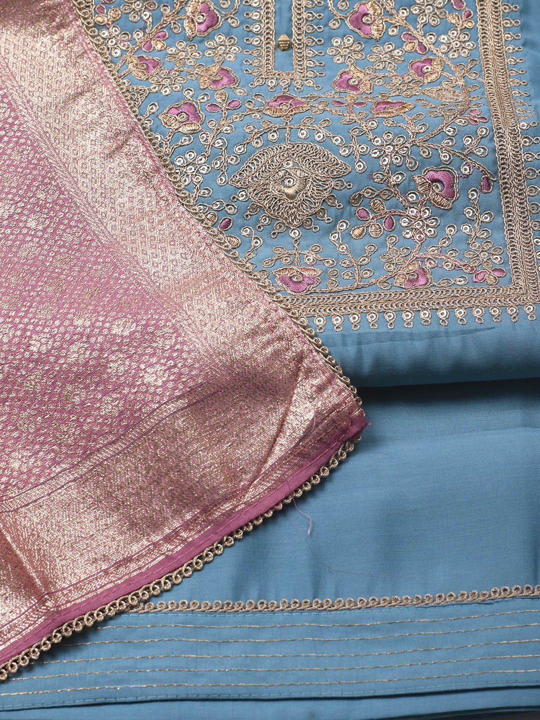 Neck Embroidery Chanderi Unstitched Suit With Dupatta