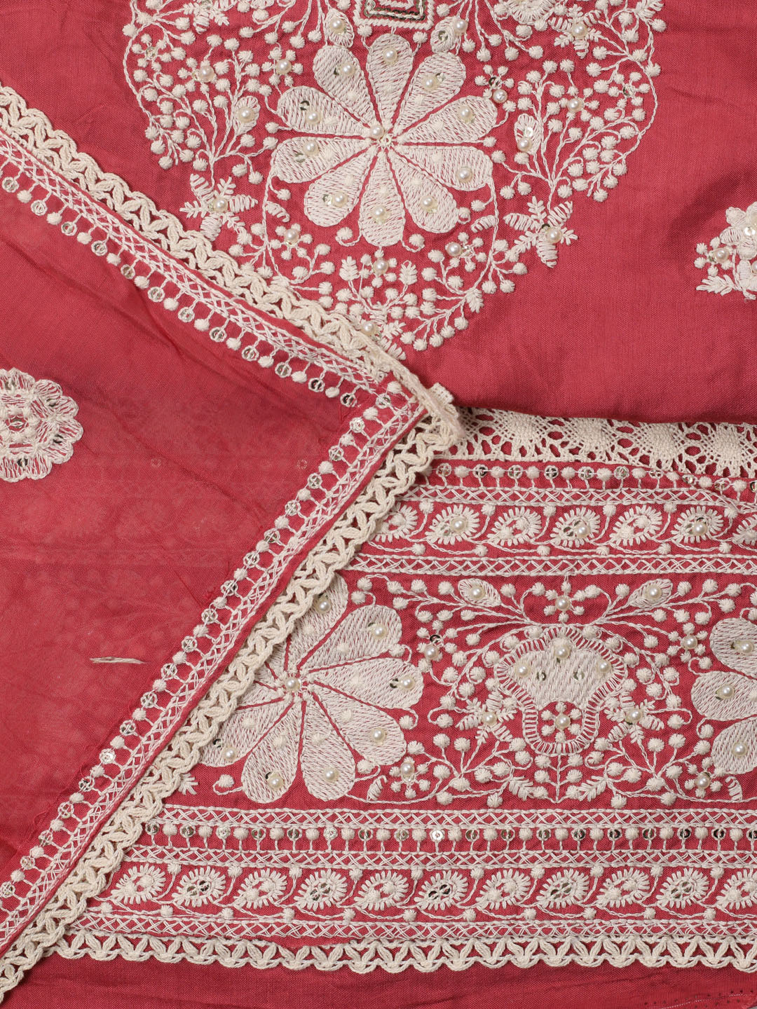 Thread Embroidery Cotton Blend Unstitched Suit With Dupatta