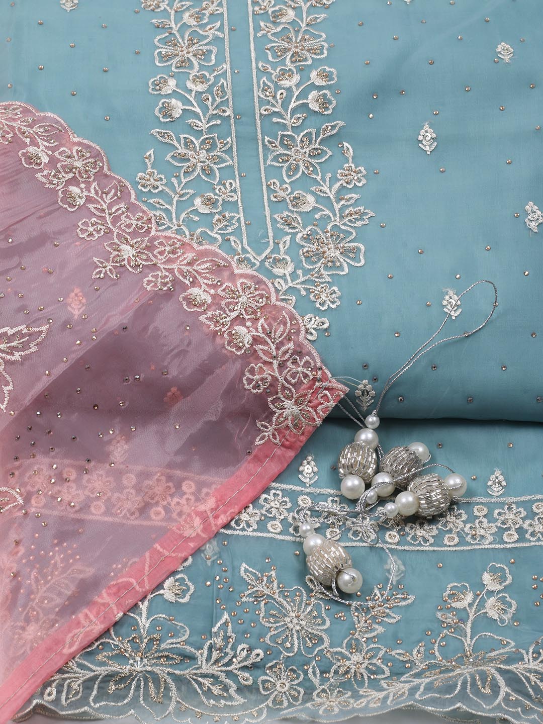 Neck Embroidery Organza Unstitched Suit Piece With Dupatta