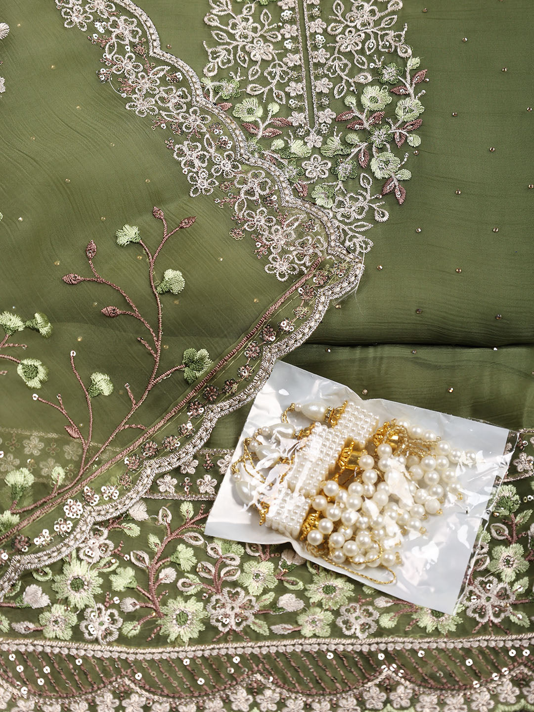 Neck Embroidered Organza Unstitched Suit With Dupatta