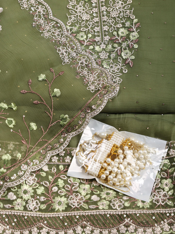 Neck Embroidered Organza Unstitched Suit With Dupatta