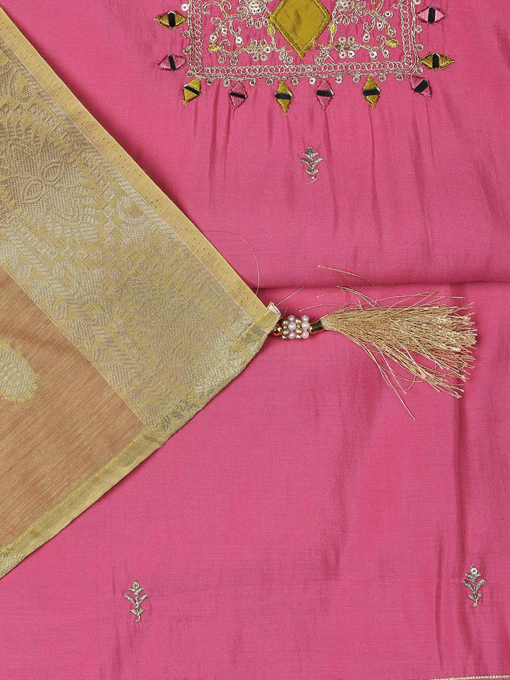 Neck Embroidery Chanderi Unstitched Suit With Dupatta