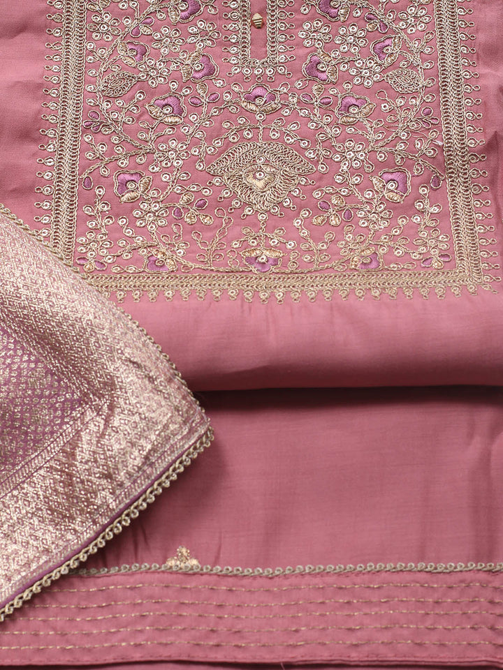 Neck Embroidery Chanderi Unstitched Suit With Dupatta