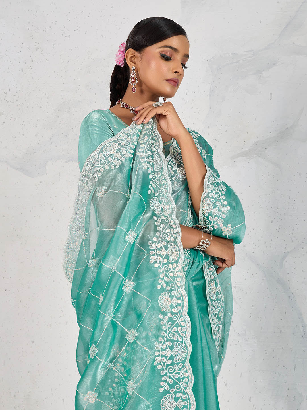 Sequence Embroidery Organza Saree