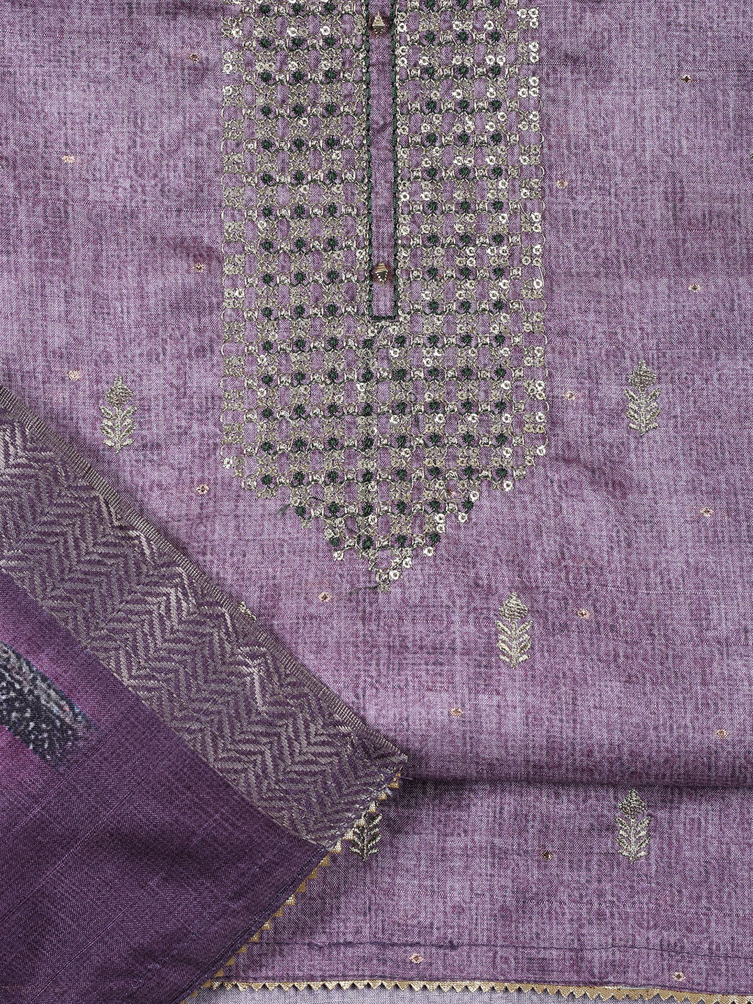 Neck Embroidered Tussar Unstitched Suit With Dupatta