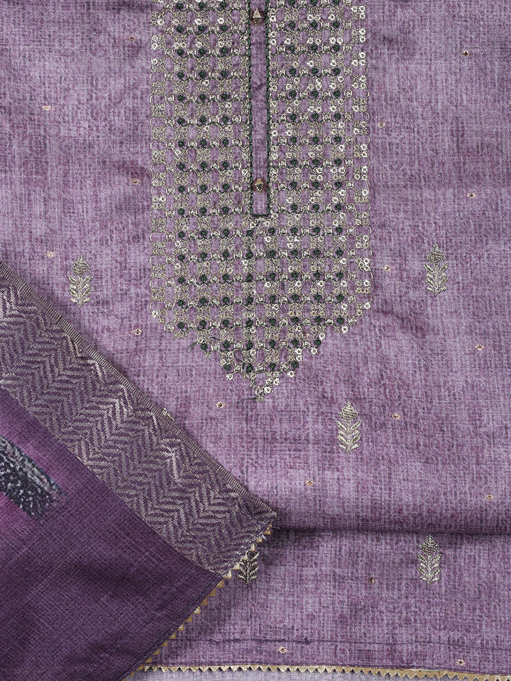 Neck Embroidered Tussar Unstitched Suit With Dupatta