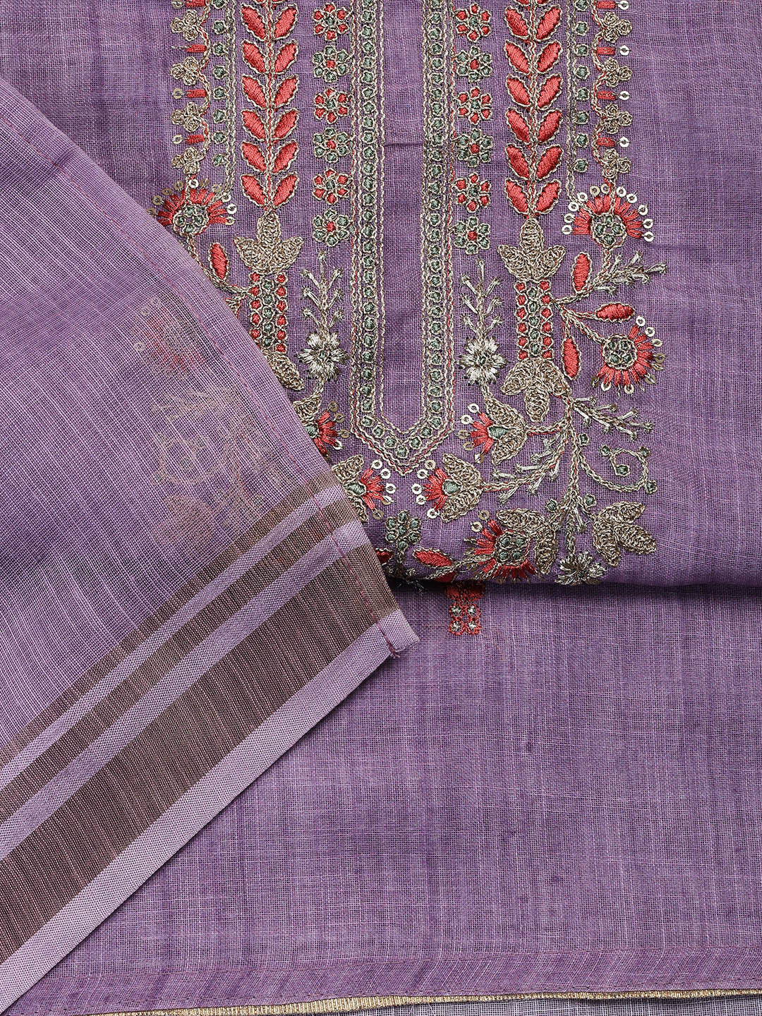 Neck Embroidered Cotton Blend Unstitched Suit With Dupatta