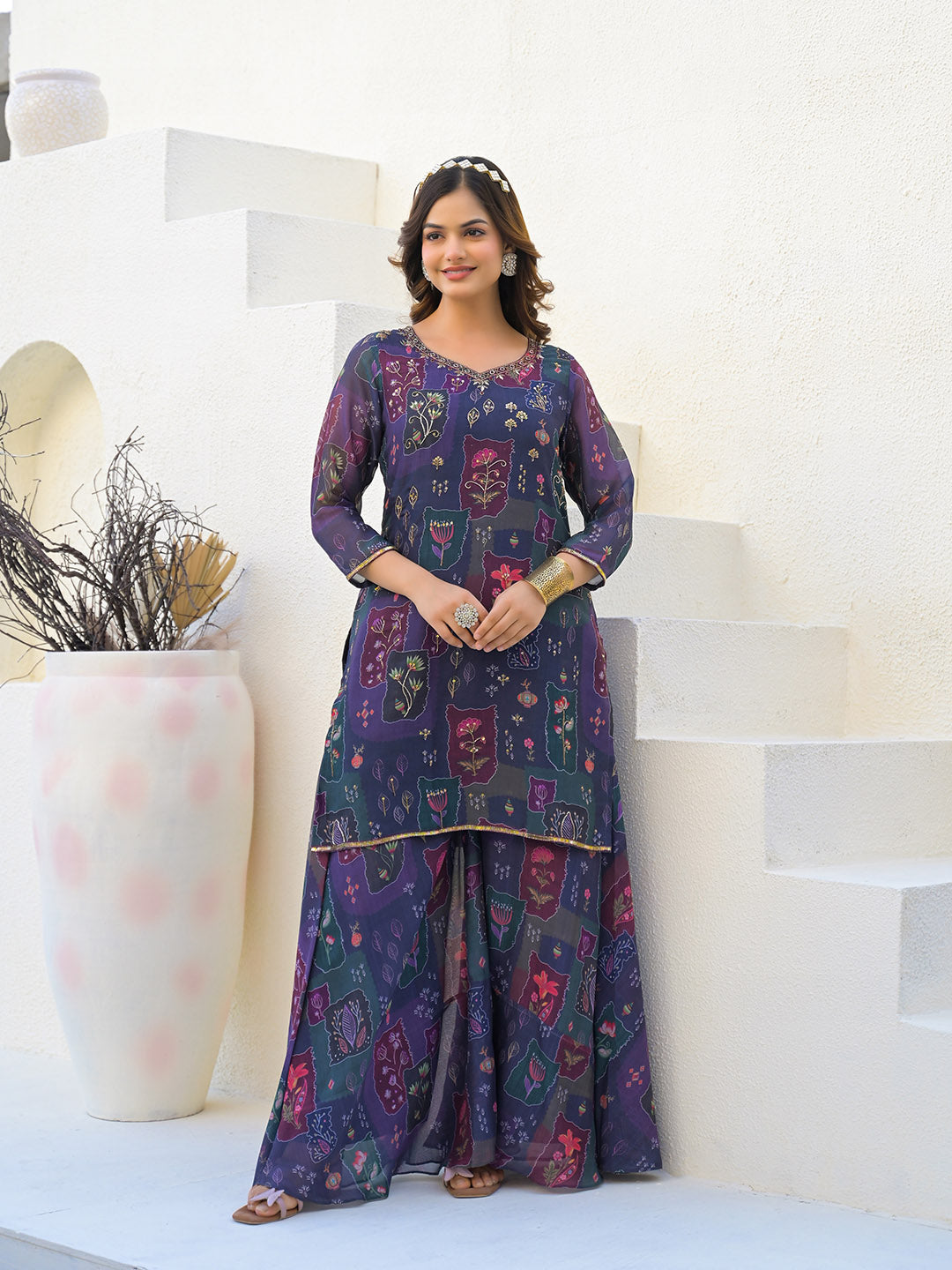 Digital Printed Organza Kurta With Palazzo &amp; Dupatta