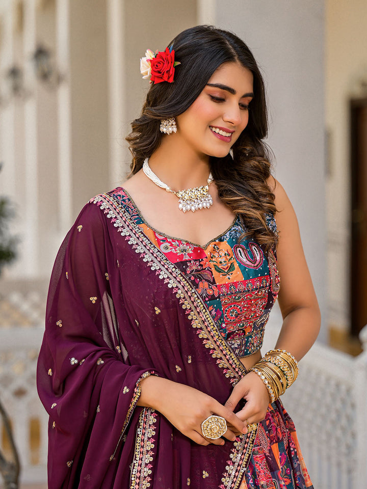 Printed Organza Choli With Lehenga &amp; Dupatta