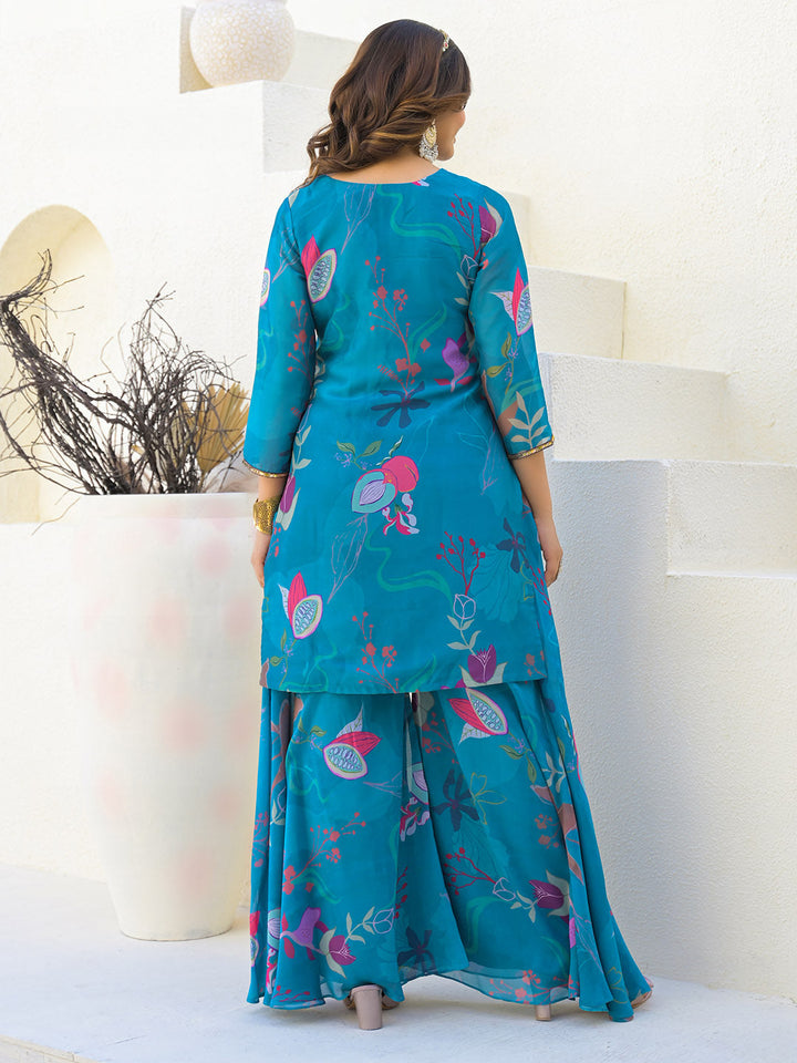 Neck Embroidery Georgette Kurta With Sharara And Dupatta