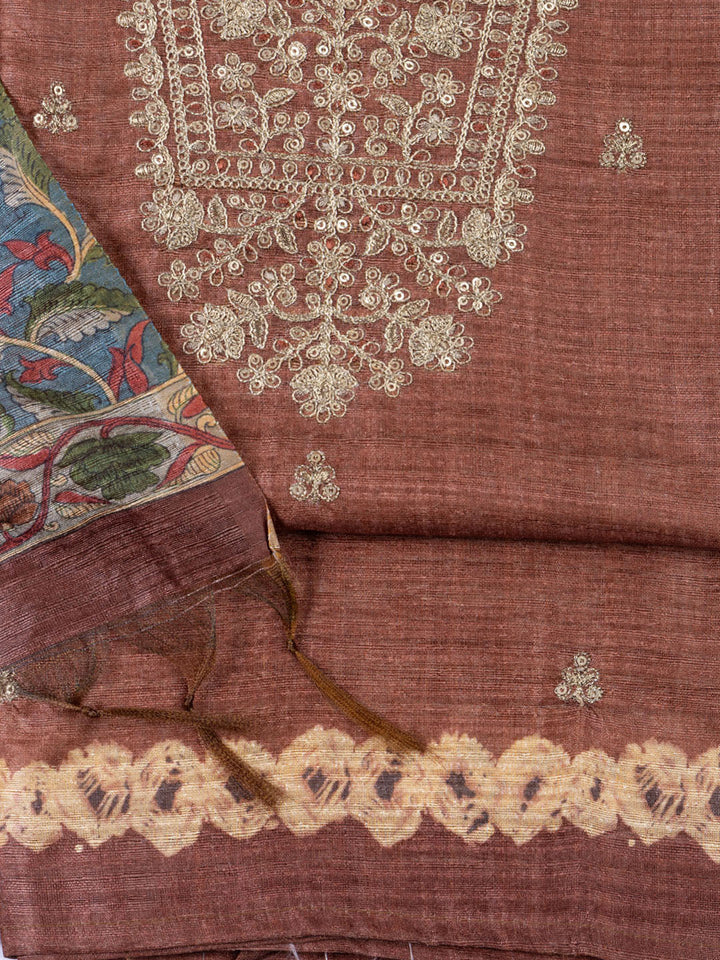 Neck Embroidered Tussar Unstitched Suit Piece With Dupatta