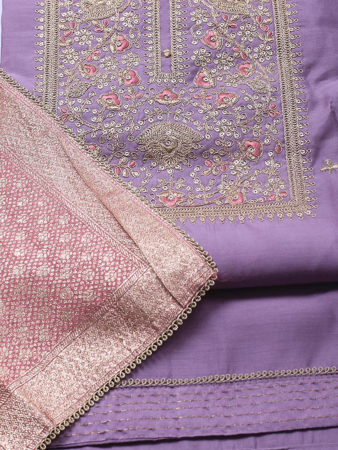 Neck Embroidery Chanderi Unstitched Suit With Dupatta