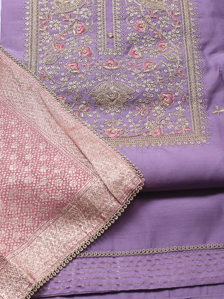 Neck Embroidery Chanderi Unstitched Suit With Dupatta