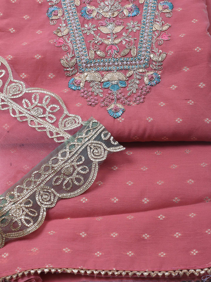 Neck Embroidery Chanderi Unstitched Suit With Dupatta