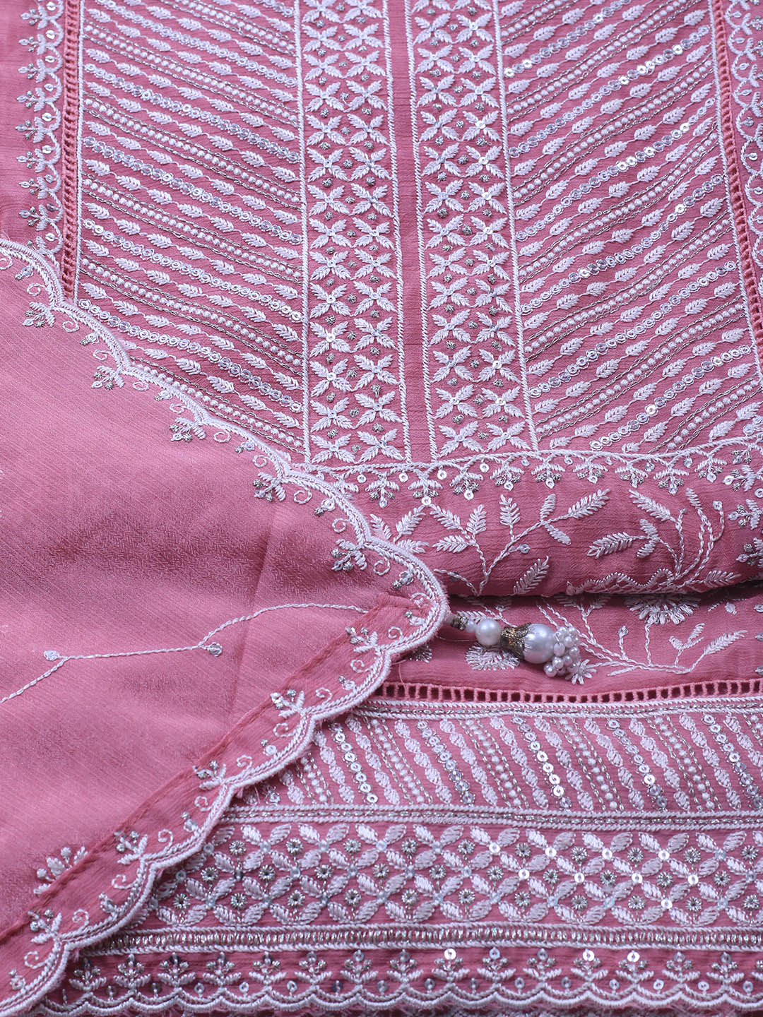 Embroidered Art Silk Unstitched Suit Piece With Dupatta