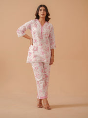 Printed & Lace Work Cotton Blend Shirt With Pant