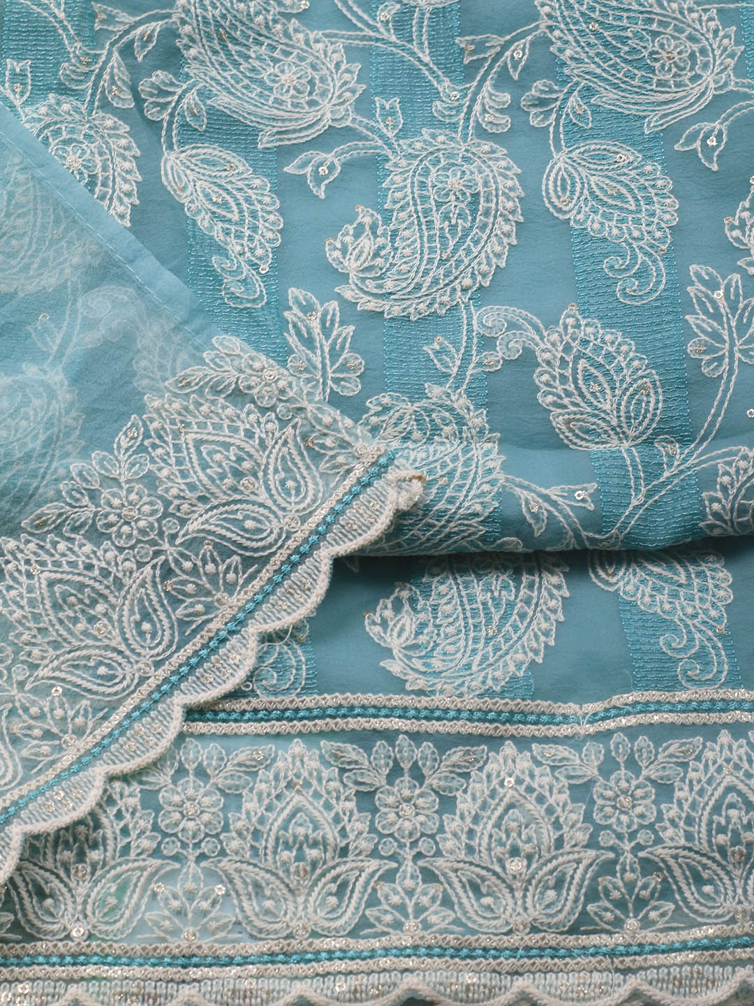 Thread Embroidery Organza Unstitched Suit Piece With Dupatta