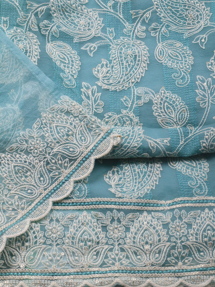Thread Embroidery Organza Unstitched Suit Piece With Dupatta