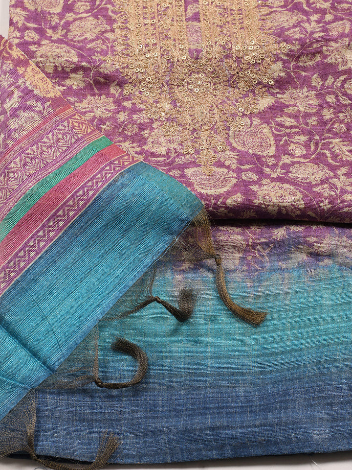 Zari Neck Embroidered Chanderi Unstitched Suit With Dupatta