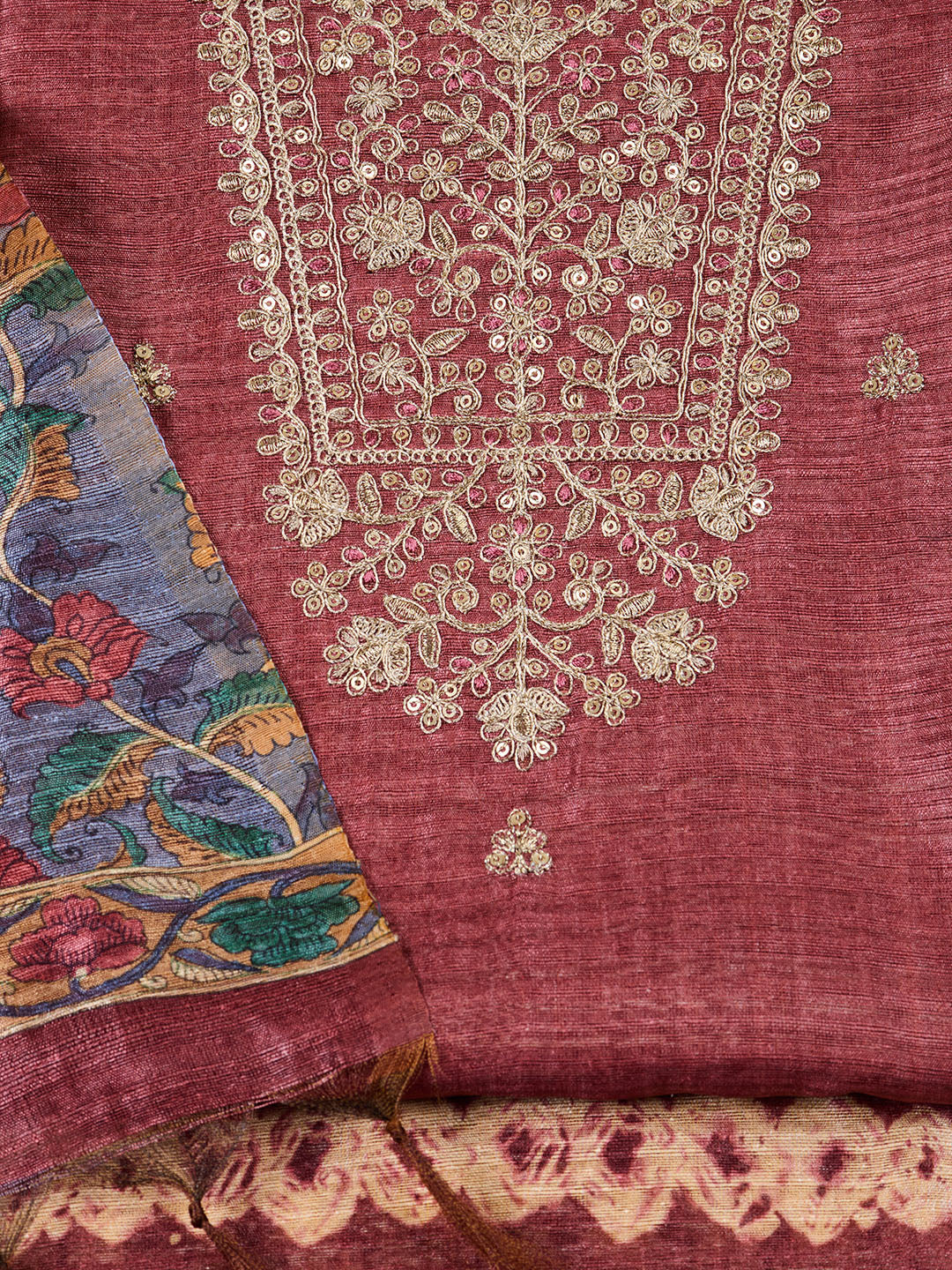 Neck Embroidered Tussar Unstitched Suit Piece With Dupatta