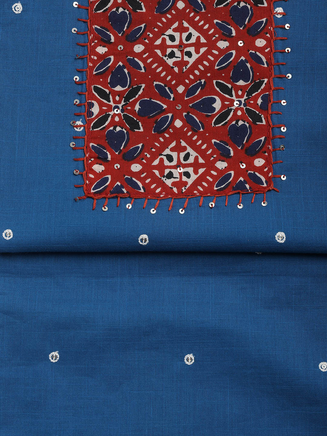 Neck Mirror Work Cotton Blend Unstitched Suit With Dupatta