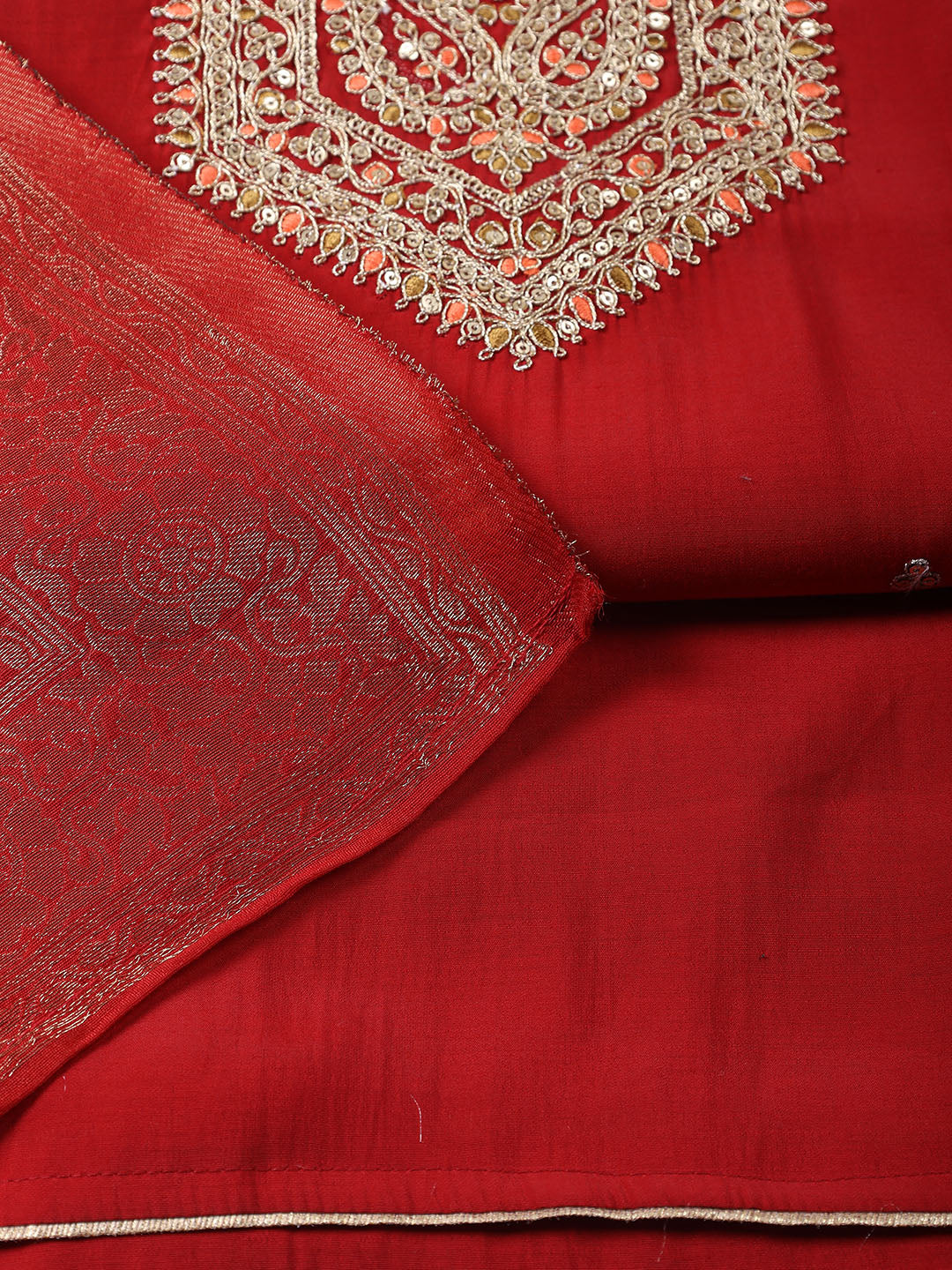 Neck Embroidered Chanderi Unstitched Suit With Dupatta