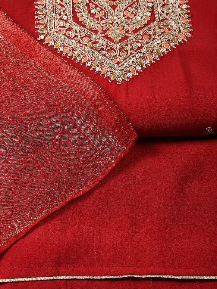 Neck Embroidered Chanderi Unstitched Suit With Dupatta