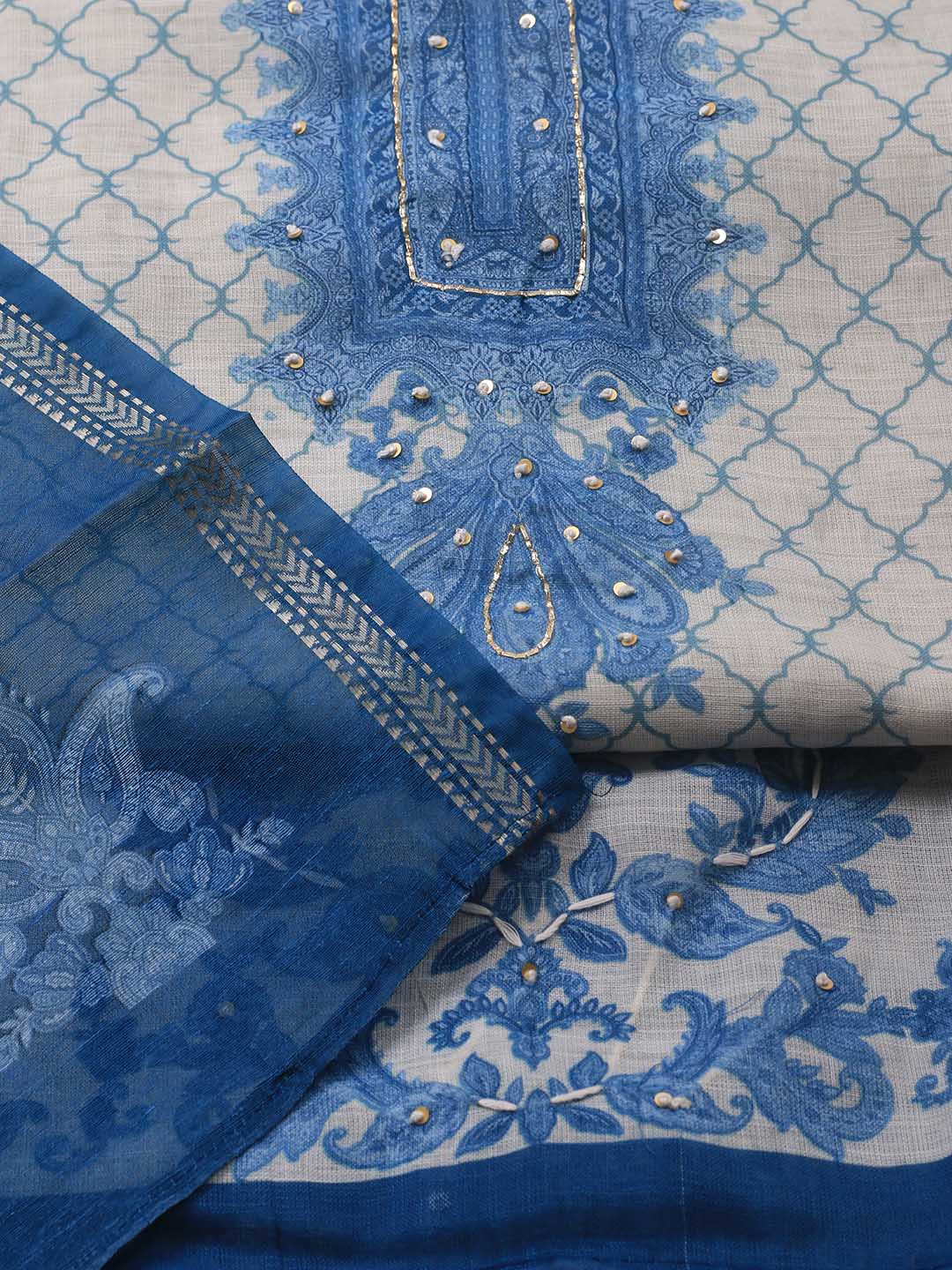 Embroidered Linen Unstitched Suit Piece With Dupatta