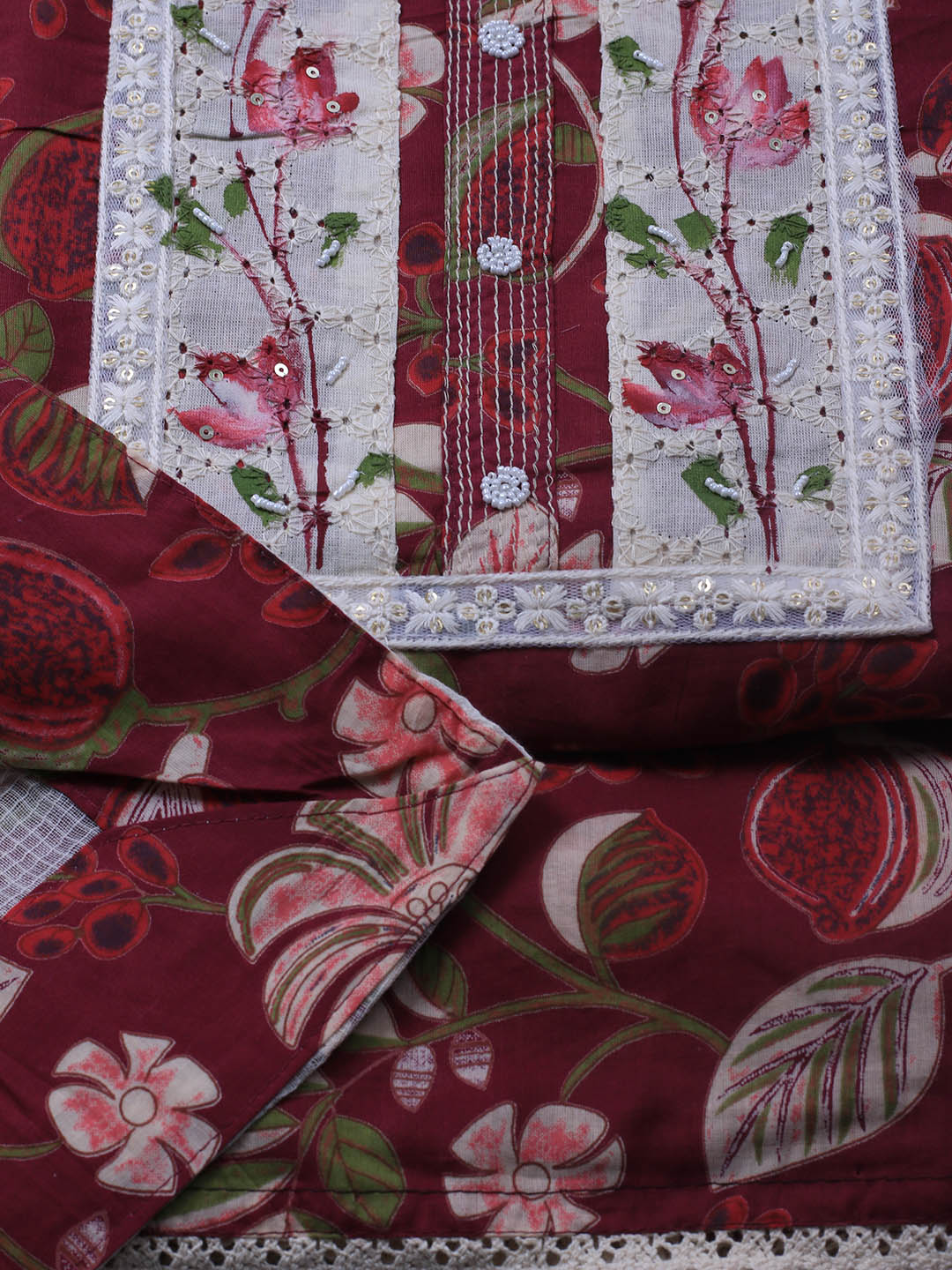 Patch Neck Cotton Blend Unstitched Suit Piece With Dupatta