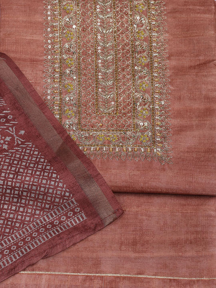 Neck Embroidery Art Tussar Unstitched Suit With Dupatta