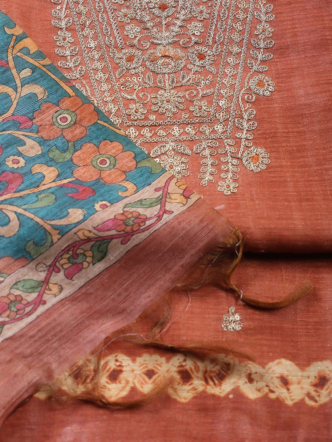 Neck Embroidered Tussar Unstitched Suit Piece With Dupatta
