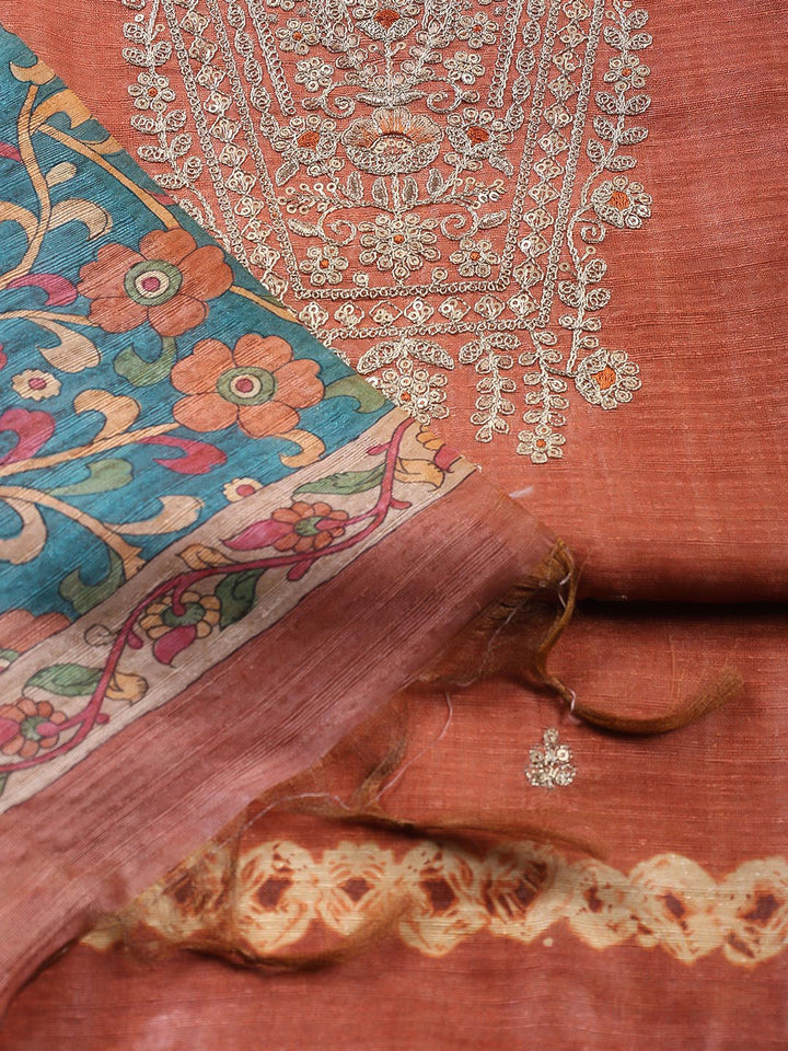 Neck Embroidered Tussar Unstitched Suit Piece With Dupatta