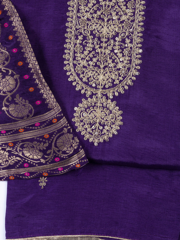 Neck Embroidered Chanderi Unstitched Suit Piece With Dupatta