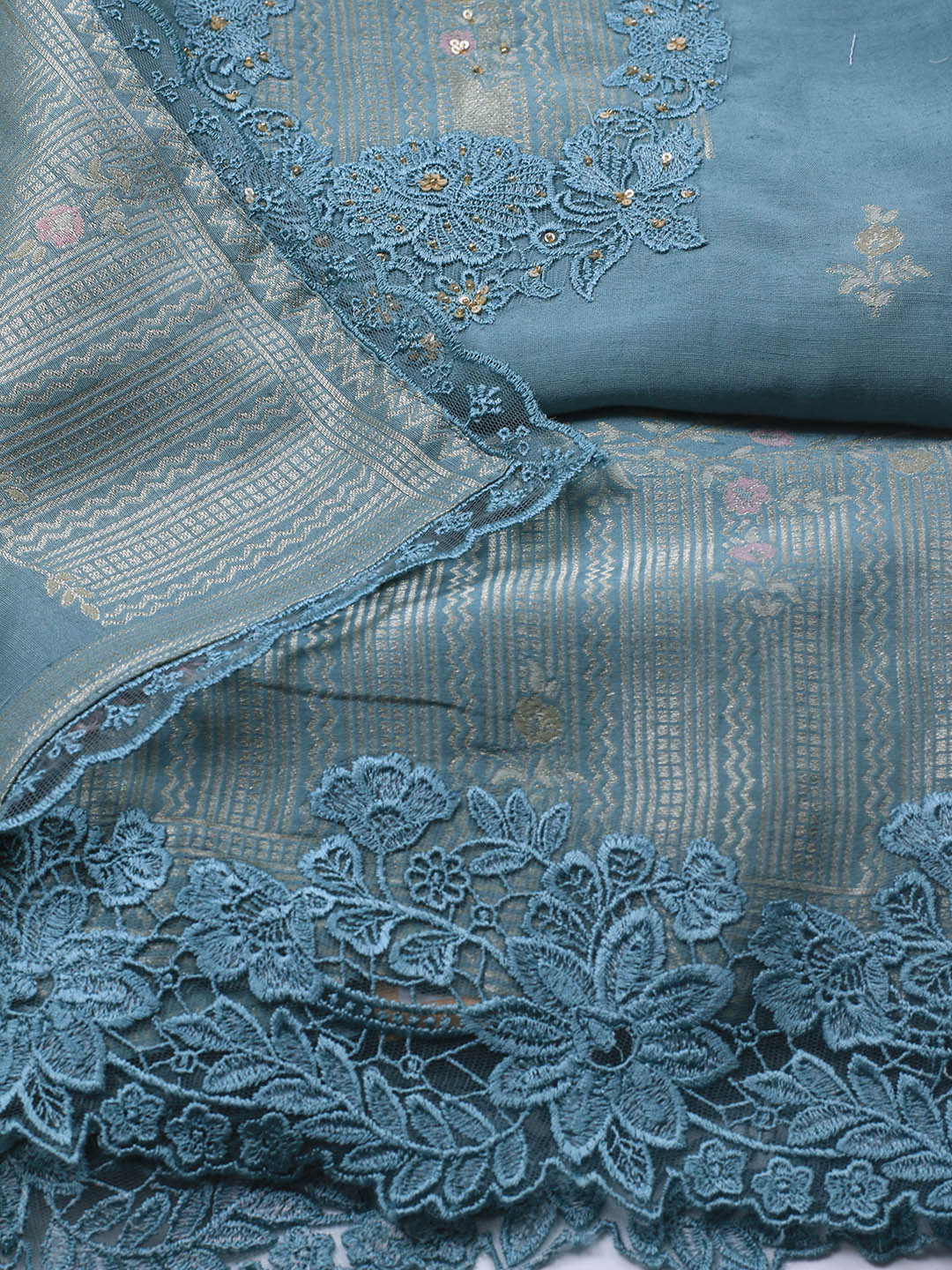 Embroidery Linen Unstitched Suit With Dupatta