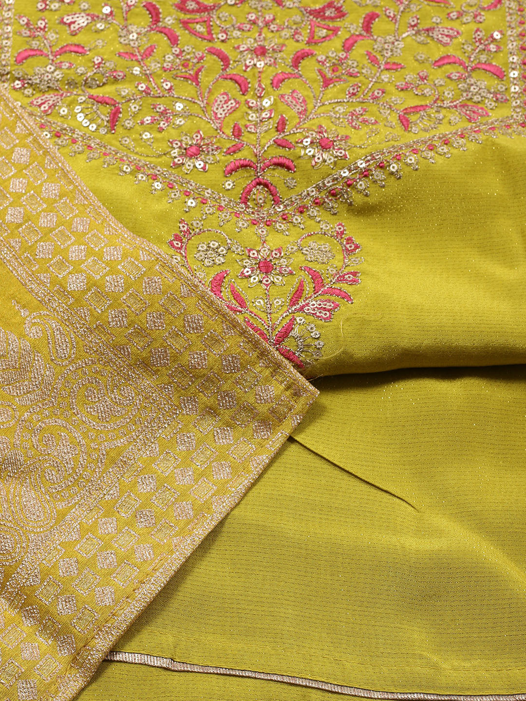 Neck Embroidered Chanderi Unstitched Suit Piece With Dupatta