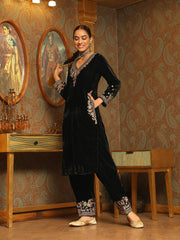 Zari Neck Embroidered Velvet Kurta With Pants