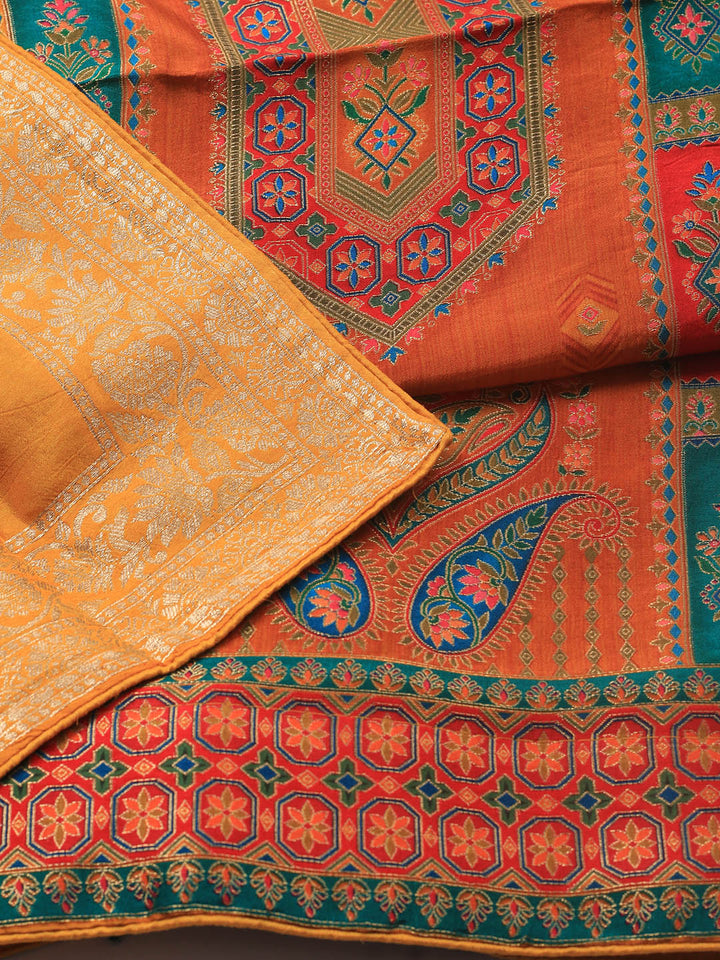 Embroidered Art Silk Unstitched Suit Piece With Dupatta
