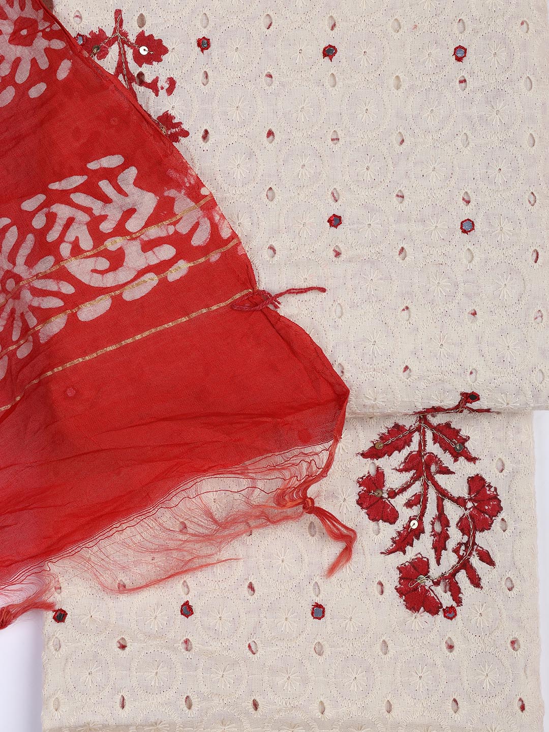 Schiffli Embroidery Cotton Blend Unstitched Suit With Dupatta